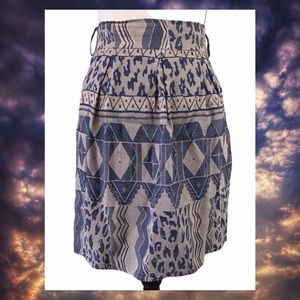 Vintage 80s Maren Mixed Print Beige Blue Short Skirt Rayon Blend Tribal S